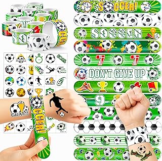 72 PCS Soccer Party Favors - 48 Temporary Pre-Cut Tattoos & 24 Slap Bracelets - Fun Party Favors for Boys & Girls, Birthday Goodie Bag Fillers, Baby Shower Gifts, Classroom Rewards