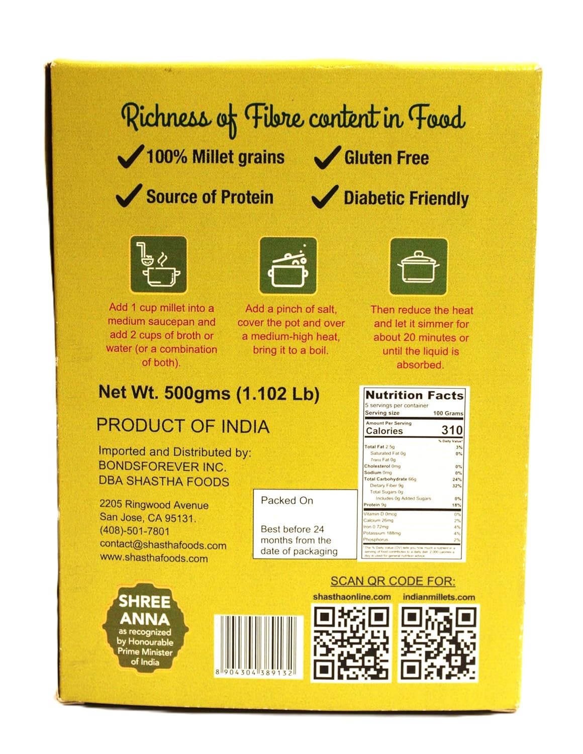 Shastha Kodo Millet (Varagu) (Pack of 6) Each Pkt 500g (1.1 lbs) Processed, Polished and Hulled 500g x 6 Pkts (Total 3000g) (B-A)