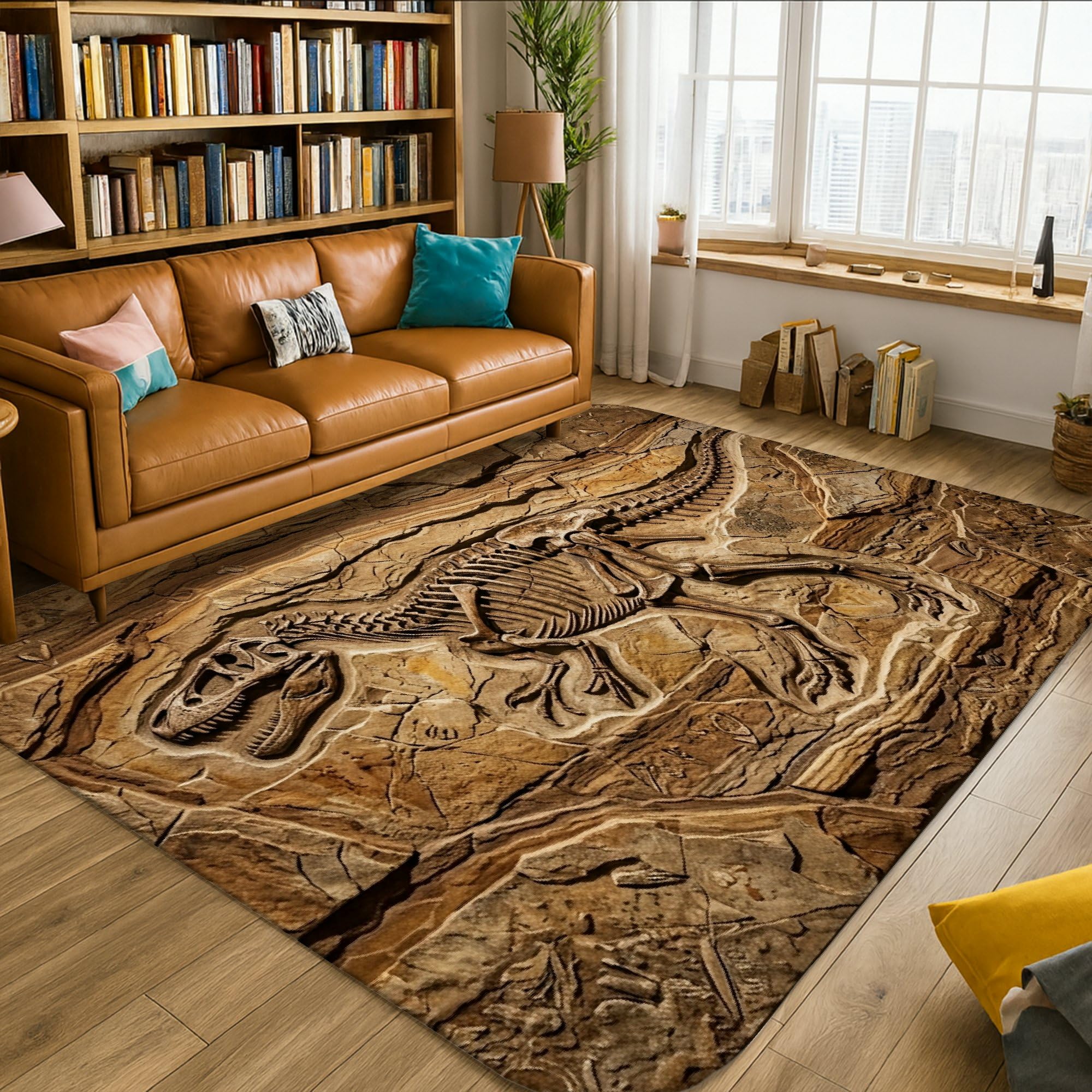 Alfombra de área de dinosaurio, esqueleto fósil rústico natural, ninguno marrón, esponja de pelo bajo, suave, rectangular, resistente a las manchas, para sala de estar, dormitorio, pasillo, escritorio