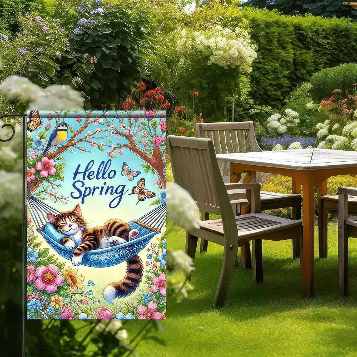 Hello Spring Garden Flag 12x18 Inch Double Sided Sleeping Cat Seasonal Yard Flag Welcome Spring Wedding Decor for Farmhouse Holiday Outdoor Hello Summer Spring Decoration - Image 2
