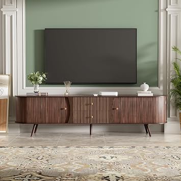 70" Walnut TV Stand for TVs Up to 80 Inches with Tambour Doors,Rounded Corner Mid Century Modern TV Console Table Media Cabinet with Fluted & Slated Fronts,2 Side Cabinets & Drawers