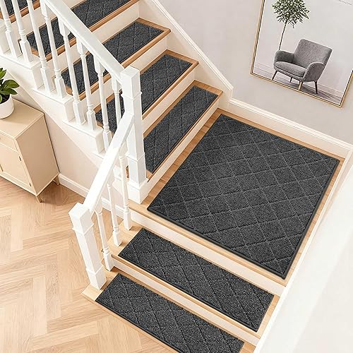 Vista 117 de COSY HOMEER - Alfombra antideslizante de 28 x 9 pulgadas, uso interior en peldaños de madera, alfombras para niños y perros, 100 % poliéster, base