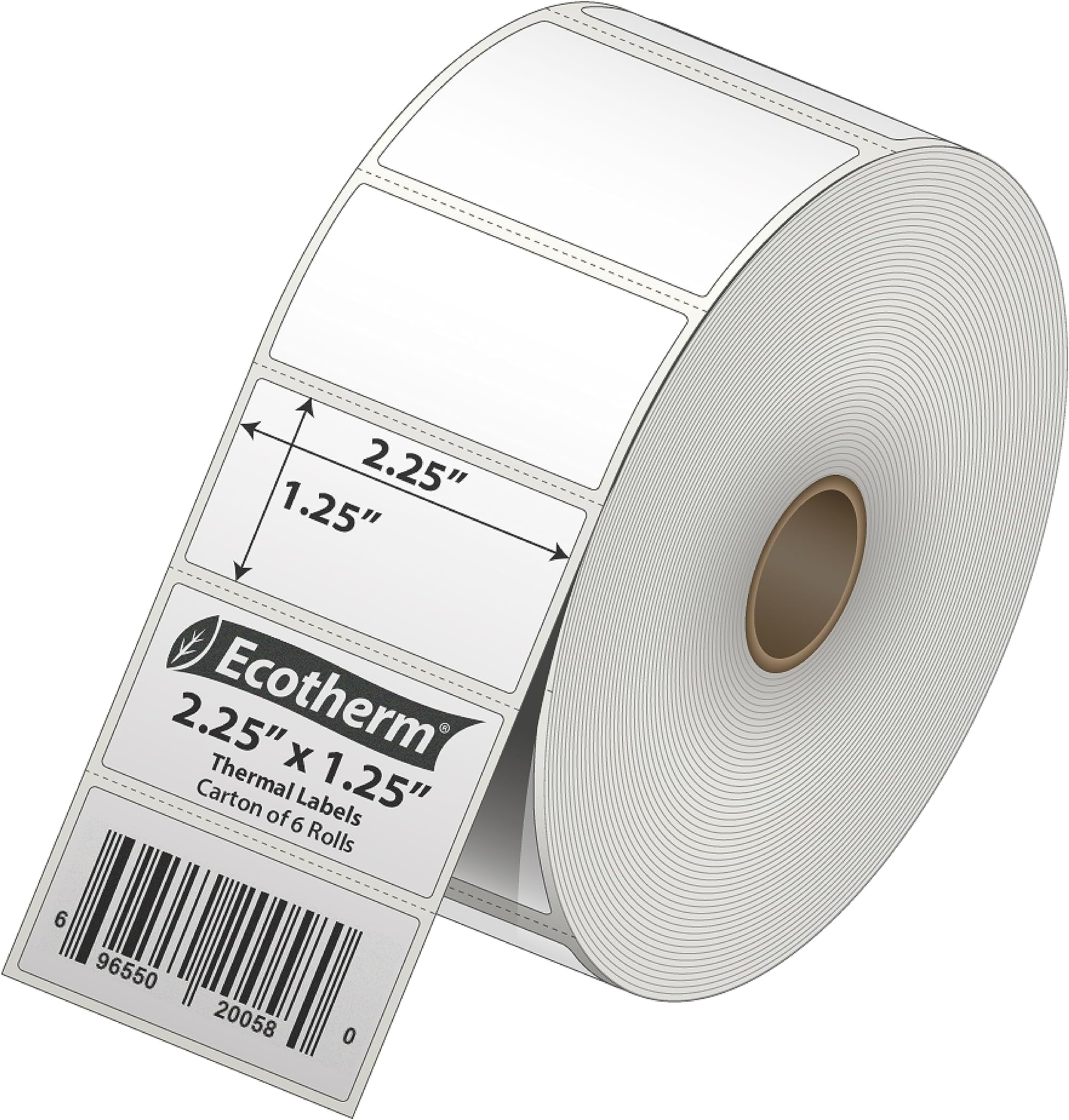 2.25" x 1.25" Thermal Labels | 6 Rolls | 12600 Labels | fits Zebra, Munbyn, Rollo, Godex, Arkscan, iDPRT, Offnova Thermal Label Printers and More | Blank White Adhesive Stickers by Ecotherm