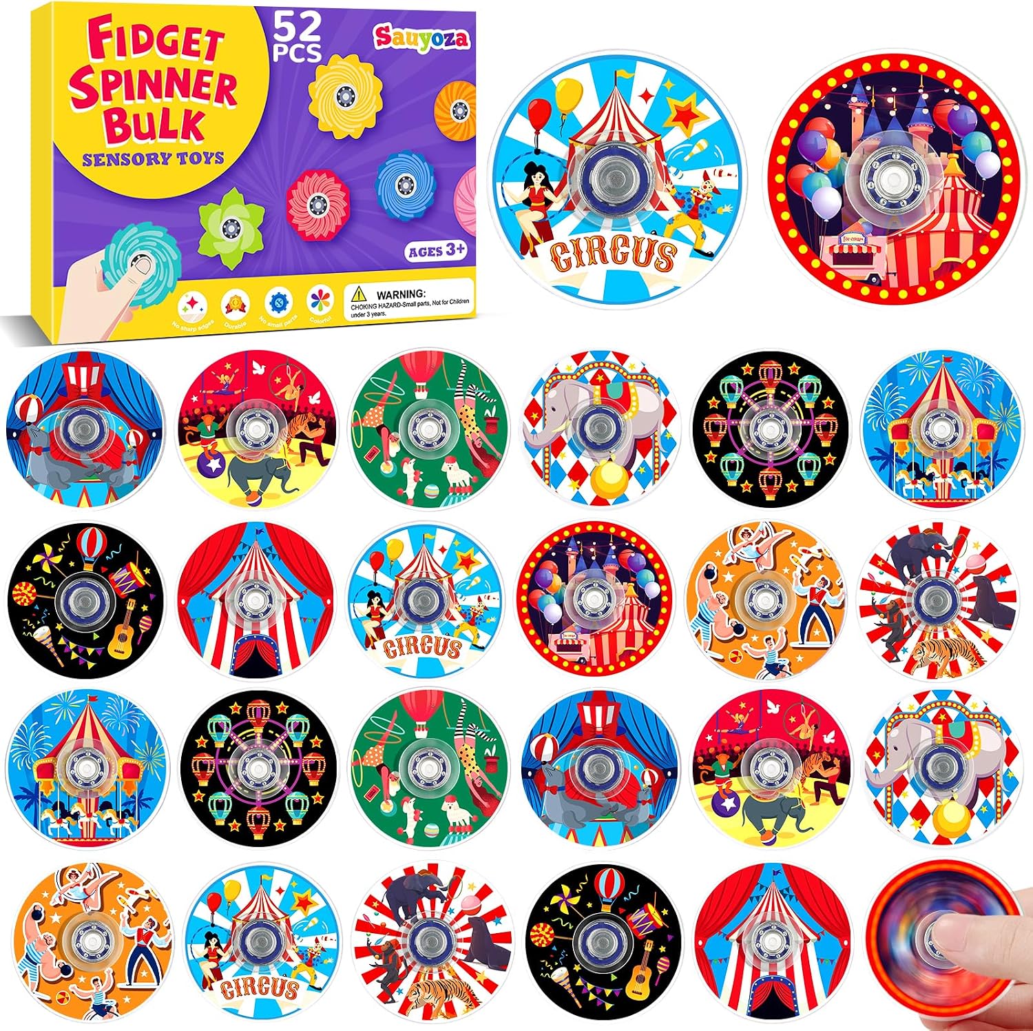 52 Pack Circus Party Favors Fidget Spinner for Kids Birthday, Fairground Carnival Fidget Spinner Bulk for Classroom Rewards, Goodie Bag Stuffers, Clown Carnival Party Supplies
