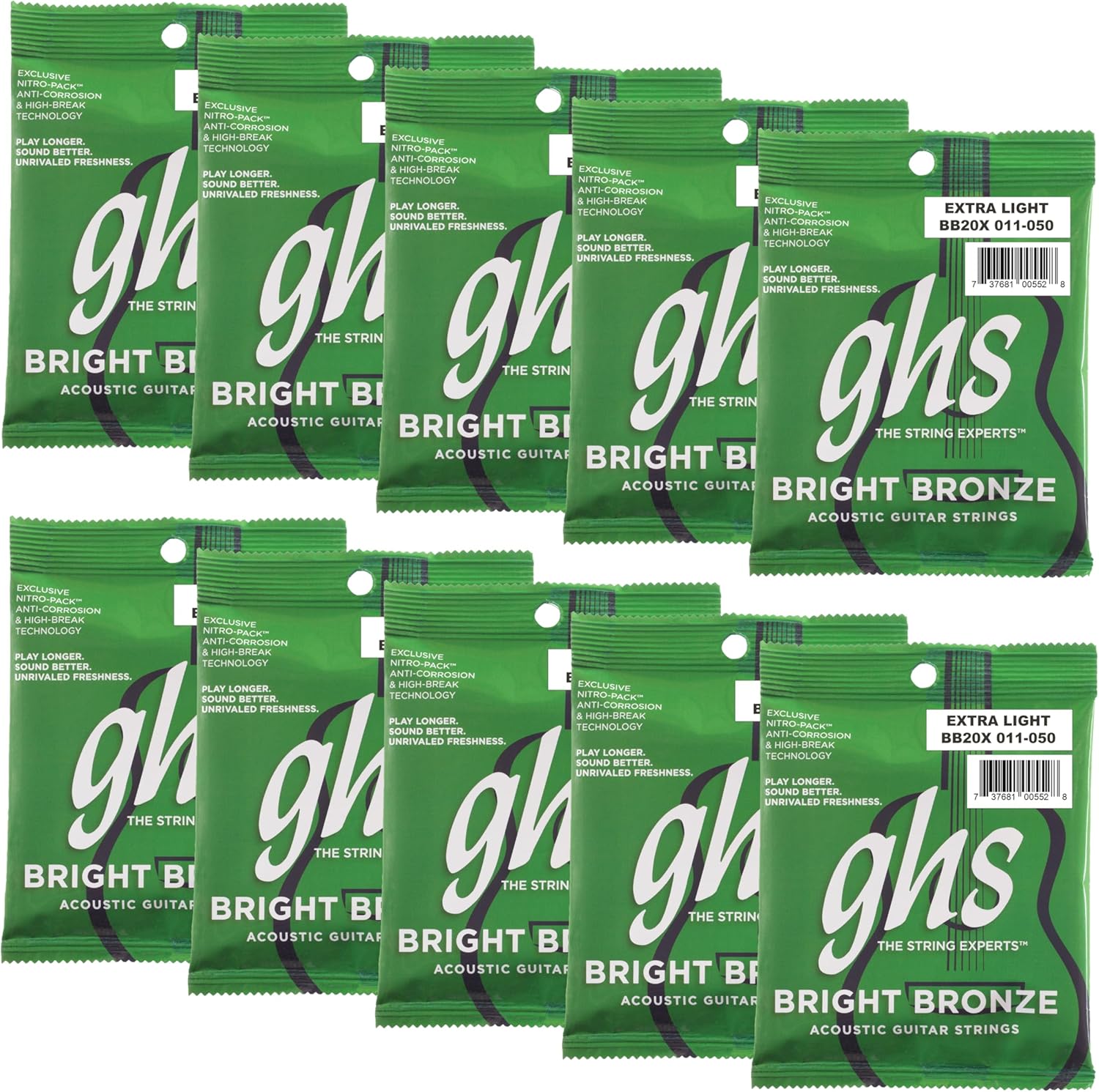 GHS Strings - Bright Bronze Acoustic Guitar Strings – Extra Light Gauge 11-50 (BB20X Set) - 80/20 Bronze Copper-Zinc Alloy, Bright Tone, Extra Clarity, Long-Lasting Guitar Strings
