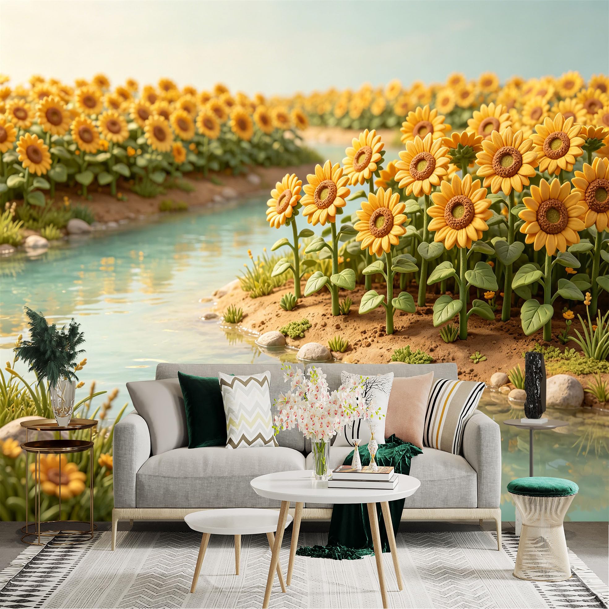 Lnzczhyre Dbh260521803 Custom Size Wall Sticker Mural， Vibrant Sunflowers By Serene River， Sunny Floral Landscape， Natural Meadow Scenery， For Wall Decoration， Peelandstick Wall Decals.