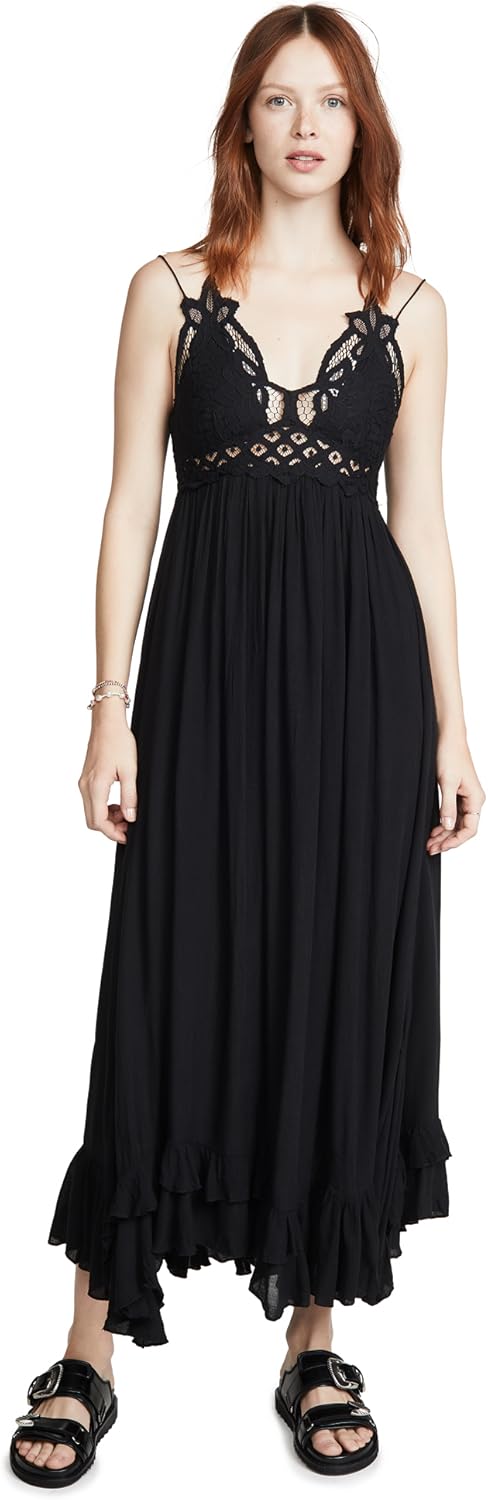 Free People Adella Sleeveless Maxi Slip Dress for Women - Plunging V-Neckline and Strappy Detail at Back with Adjustable Spaghetti Straps Black SM One Size