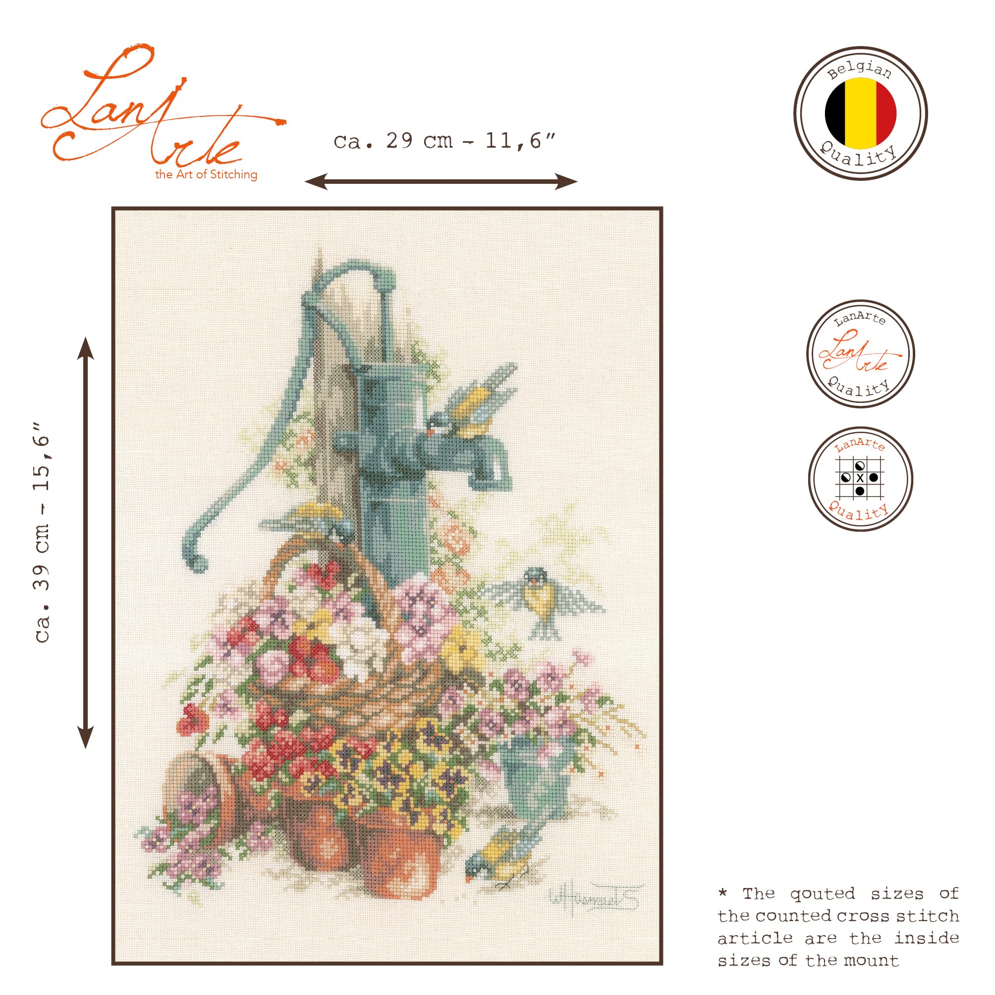 LANARTE Point De Croix Compté Kit Tableau Complet Set OISEAUX À LA POMPE À EAU De Broderie Loisir Créatif Maison Decoration Cadeau DIY ca. 29 x 39 cm Counted Cross Stitch Embroidery