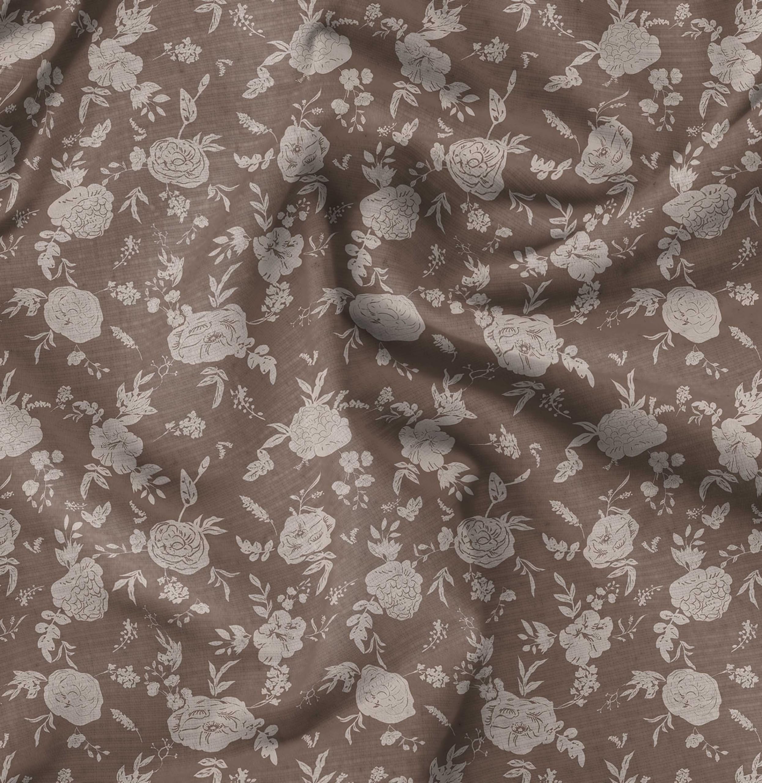 Soimoi Leaves & Roses Print - Brown, Canvas Fabric Material - 56 Inch Wide, 1 Metre, Unstitched Fabric for Upholstery, Bags, Workwear and Outdoor Gear.
