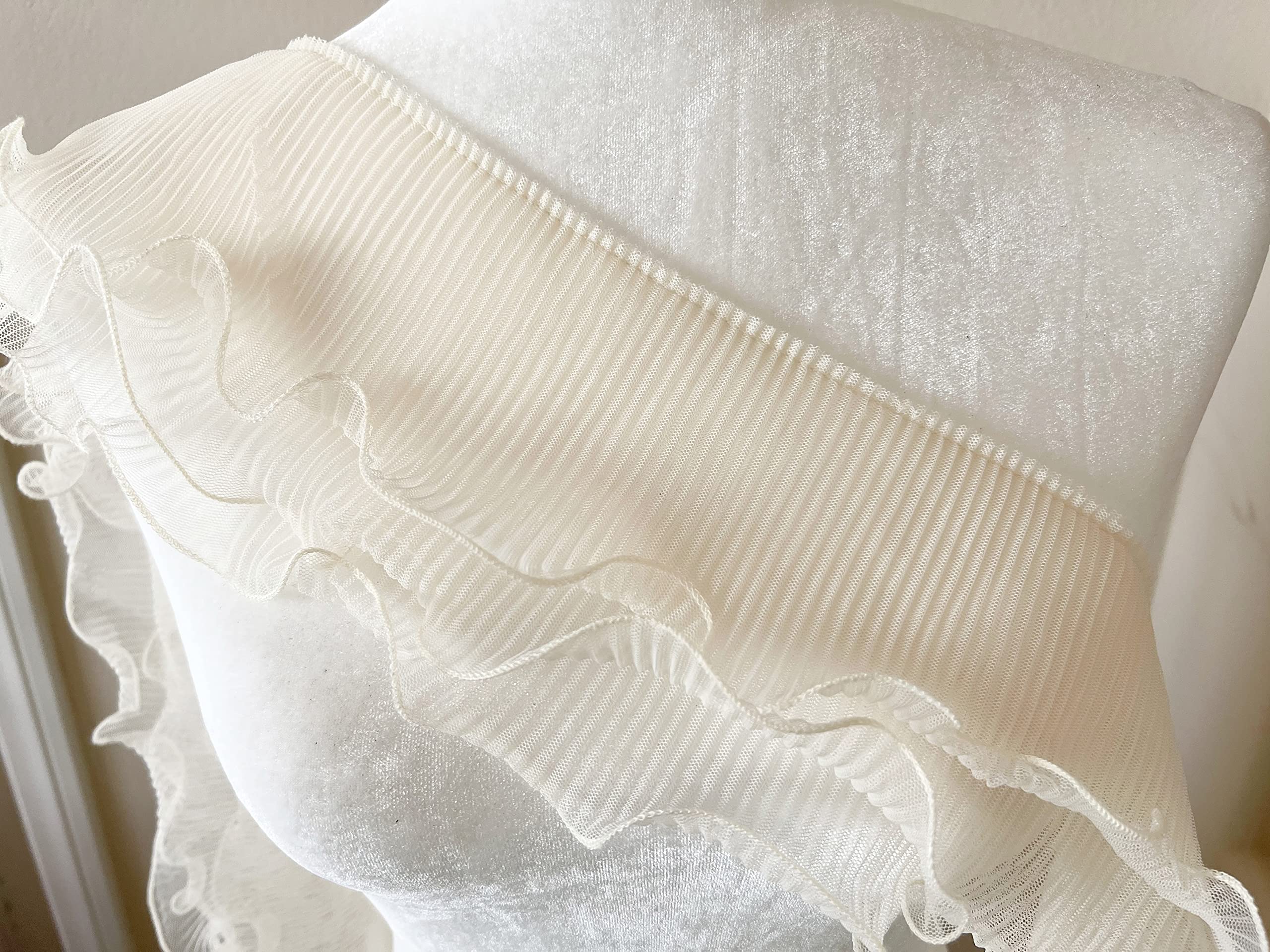 PEPPERLONELY 1 Yard 3-Layer Pleated Tulle Lace Chiffon Fabric Ribbon Fringe Elastic Ruffle Trim Dress Collar Cuffs DIY Sewing Material, 5 Inches Width, Ivory