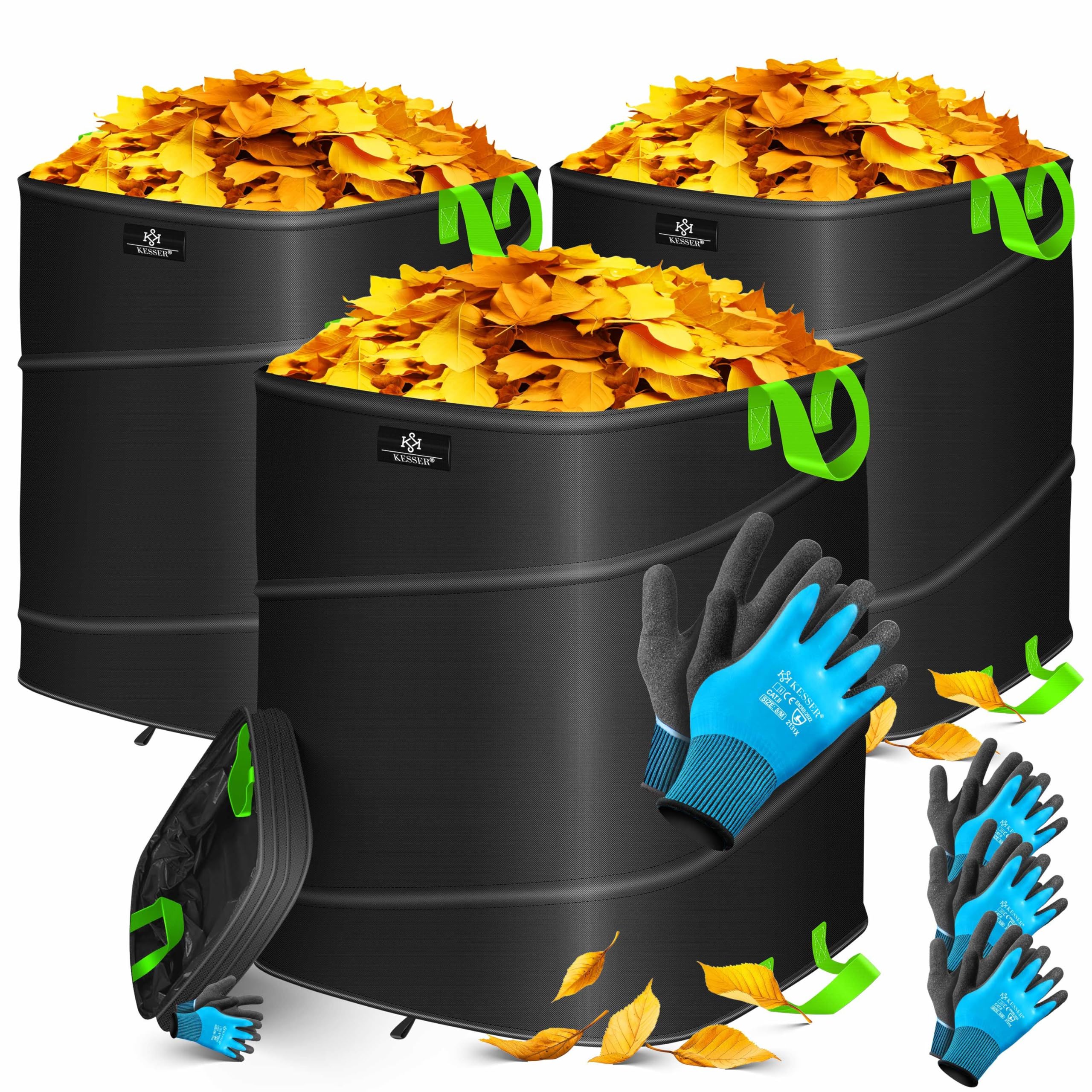 KESSER® Pop-Up-Gartensack 3x 219L Set Laubsack Gartenabfallsack inkl. Handschuhe | Selbststehend mit Griffen Stabil Robust & Faltbar | Laubsäcke Rasenschnitt Gartensäcke für Gartenabfälle Grünschnitt