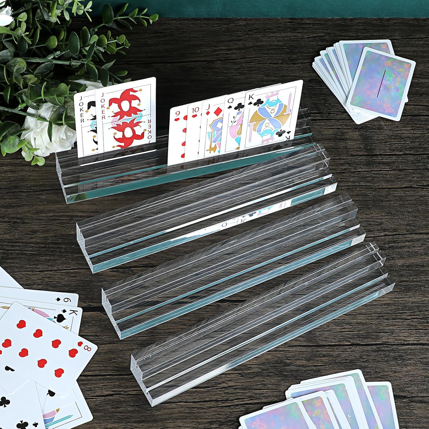 OwnMy 4PCS Clear Acrylic Playing Card Holders with Dual Grooves, Trapezoidal Playing Card Decks Card Stands with 2 Slots, Acrylic Game Card Racks for Seniors