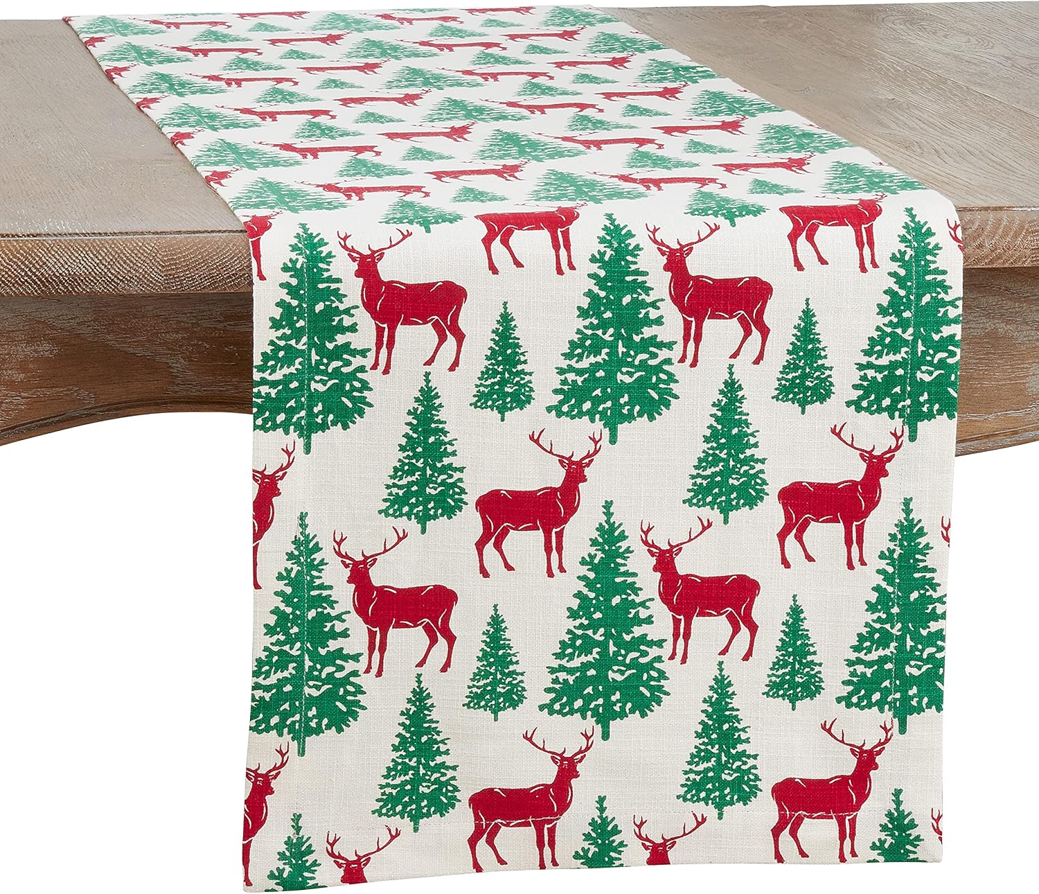 SARO LIFESTYLE Cerf Collection Deer and Christmas Trees Table Runner, 14"x72", Multi