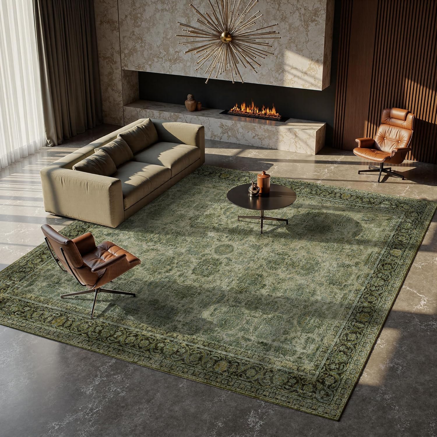 Nayoroom 8x10 Machine Washable Rugs, Large Vintage Green Area Rug Indoor Accent Rug Floral Low Pile Carpet Soft Throw Aesthetic Rug Bedroom Living Room Office Dining Room Kitchen Laundry Room