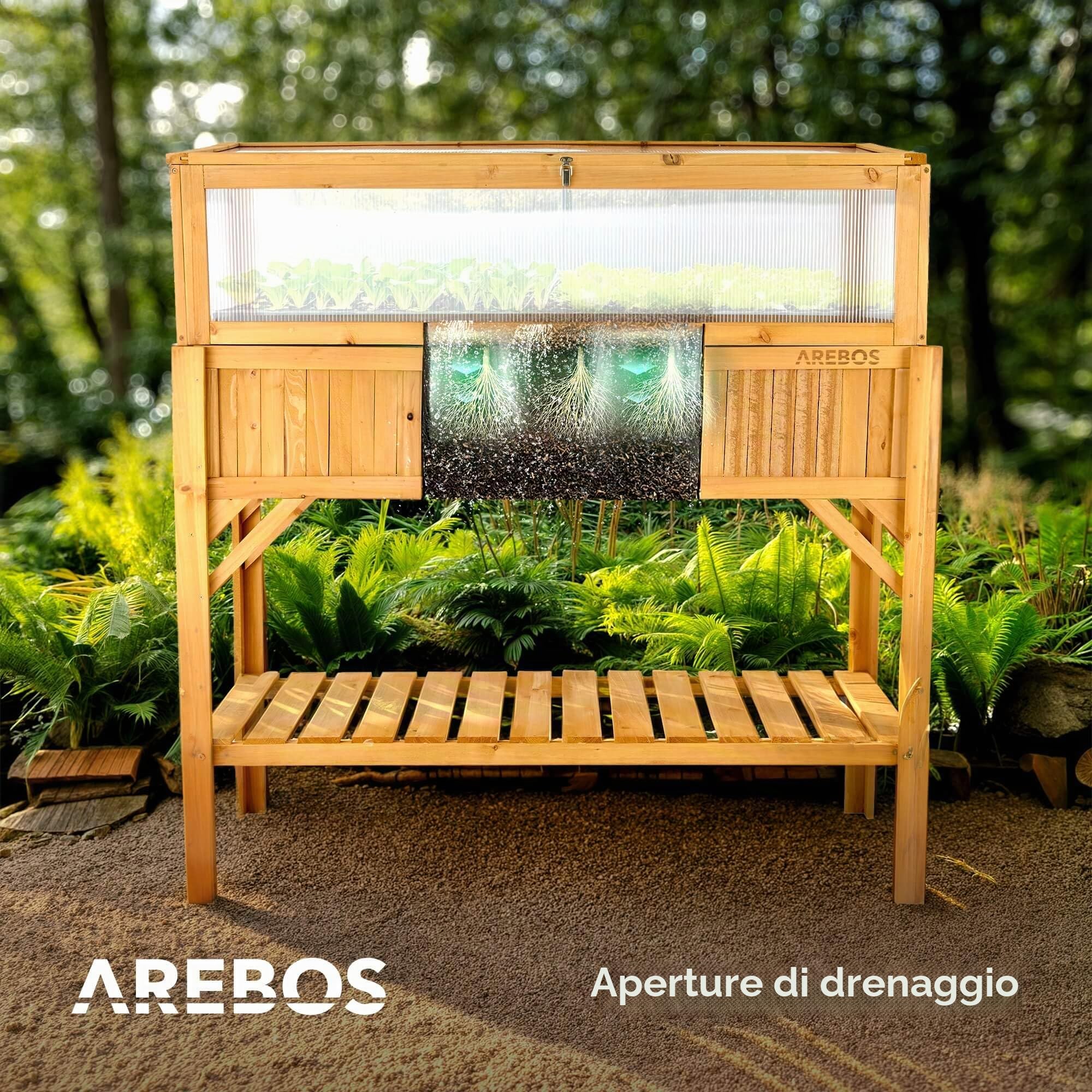 AREBOS Letto rialzato in legno con attacco per telaio freddo e vano portaoggetti | per giardino, balcone e patio | interno dotato di tessuto protettivo in pile | 119 x 53 x 124 cm
