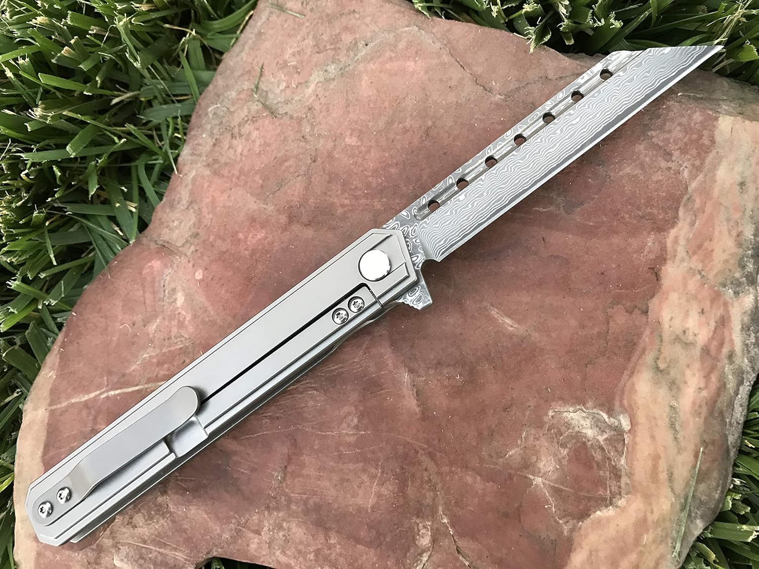 TACTICAL GEARZ Damascus Pocket Knife for EDC, Solid Titanium Handle, 67 Multi-Layered Damascus Steel VG10 Tanto Blade, Includes Sheath (Onyx XT Platinum)