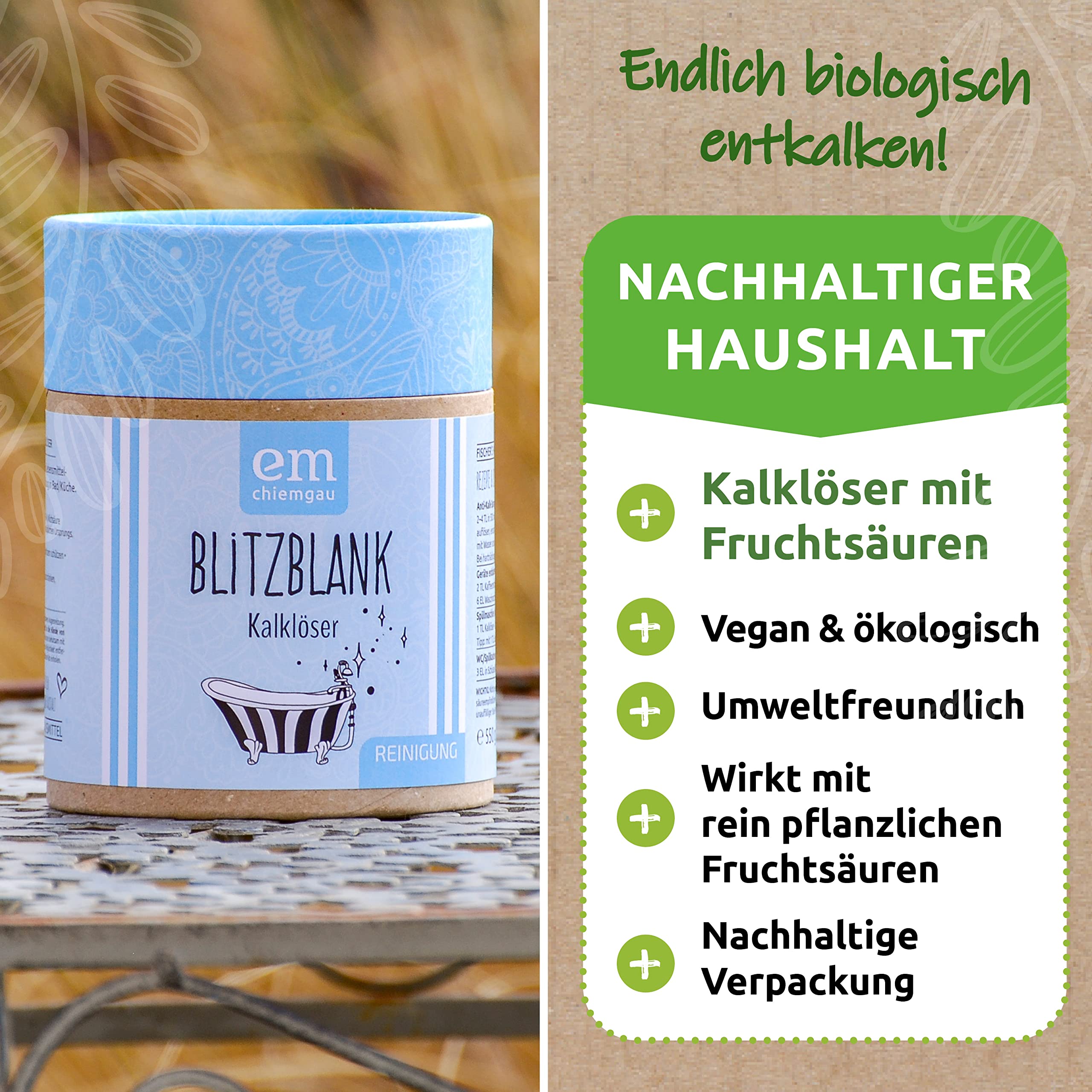 Fischer's EM-Chiemgau® Blitzblank Kalklöser – Natürlicher Entkalker für Küche & Bad – Granulat mit Fruchtsäuren – Entfernt Kalkablagerungen umweltfreundlich – ECOCERT zertifiziert – 3,5kg