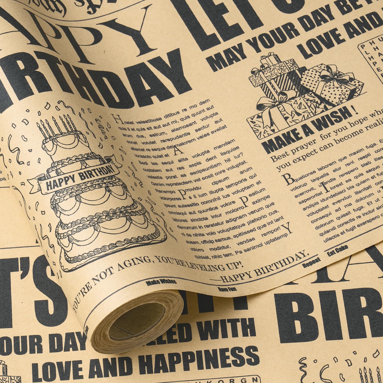 RUSPEPA Mini Vintage Birthday Newspaper Wrapping Paper 43.2cm x 5m Kraft Wrap with Cake & Gift Elements For Adult Milestone Birthdays and Celebrations
