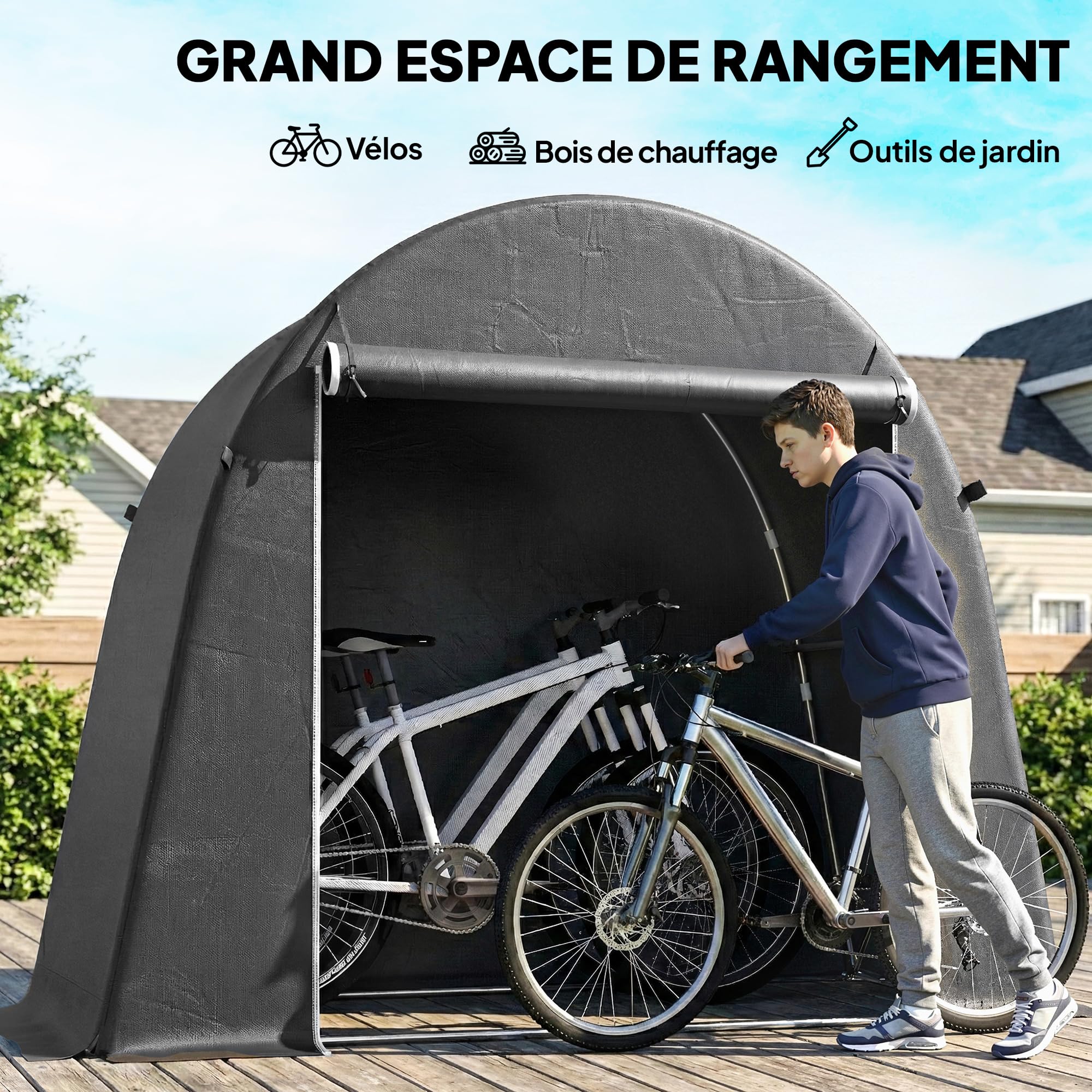 Outsunny Abri de Jardin Tente de Stockage étanche abri Moto Porte Enroulable Fermeture éclair, Garage pour vélo et Outils Rangement et Stockage pour vélo Moto Bois Outils, 245x120x200cm Gris foncé