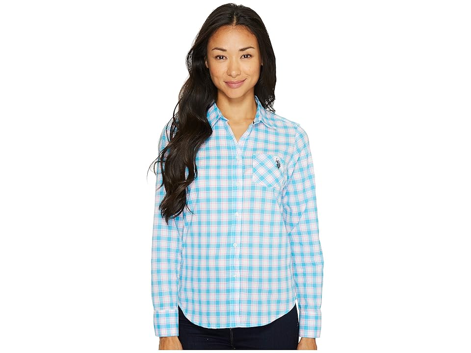 

U.S. POLO ASSN. Long Sleeve Plaid Poplin Shirt (Surf Blue) Women's Clothing