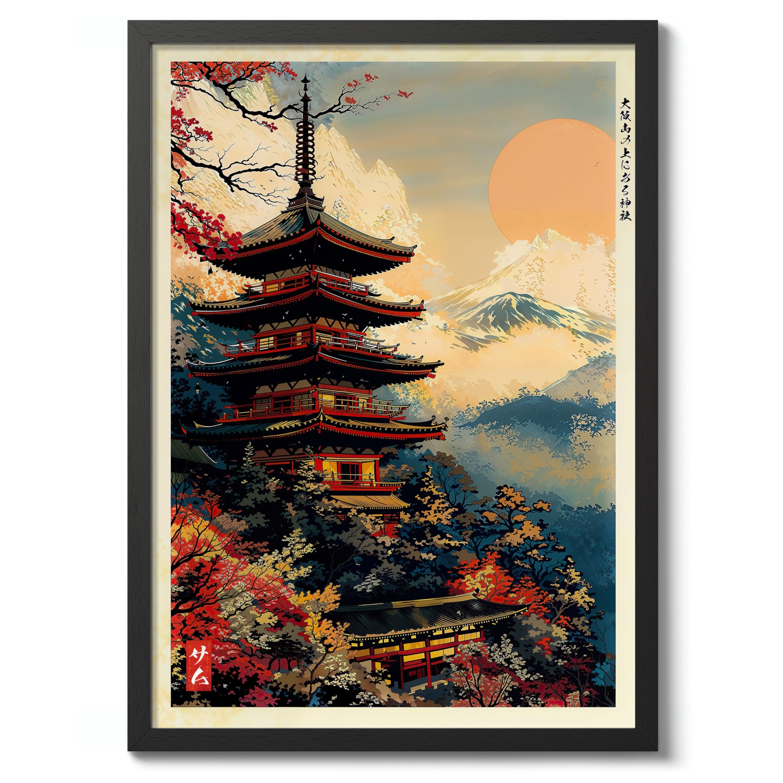 Temple In The Mountains Anime Woodblock Poster Modern Ukiyo-E, Japanese Cartoon Illustration Print, Archival Matte, A1 (Black Frame) - 84.1x59.4cm