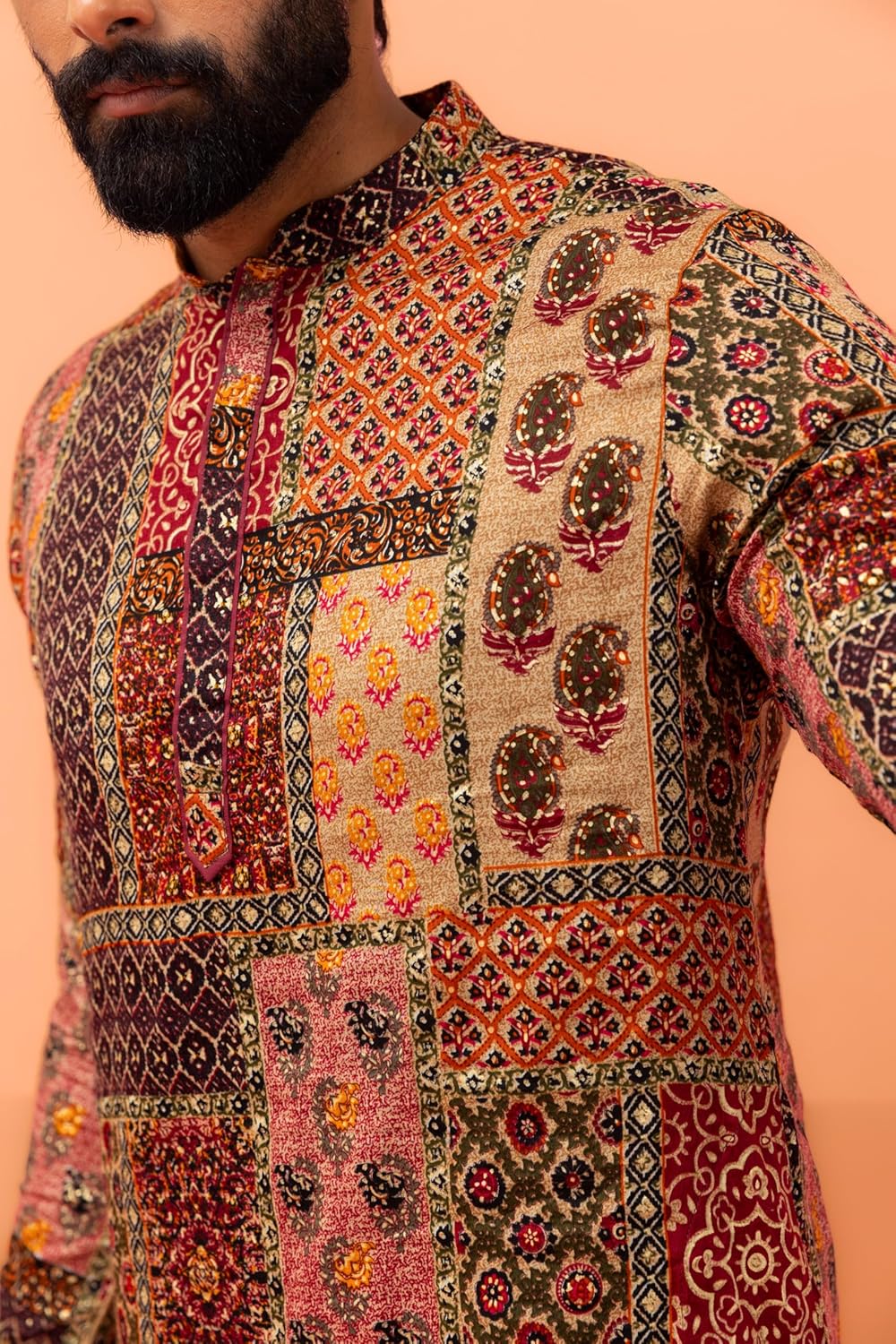 KISAH Mens Kurta – Printed Cotton Blend Tunic with Mandarin Collar, Regular Fit – Indian Wedding Outfit for Men – Festive Wear for Diwali, Eid & Celebrations Maroon - Image 4