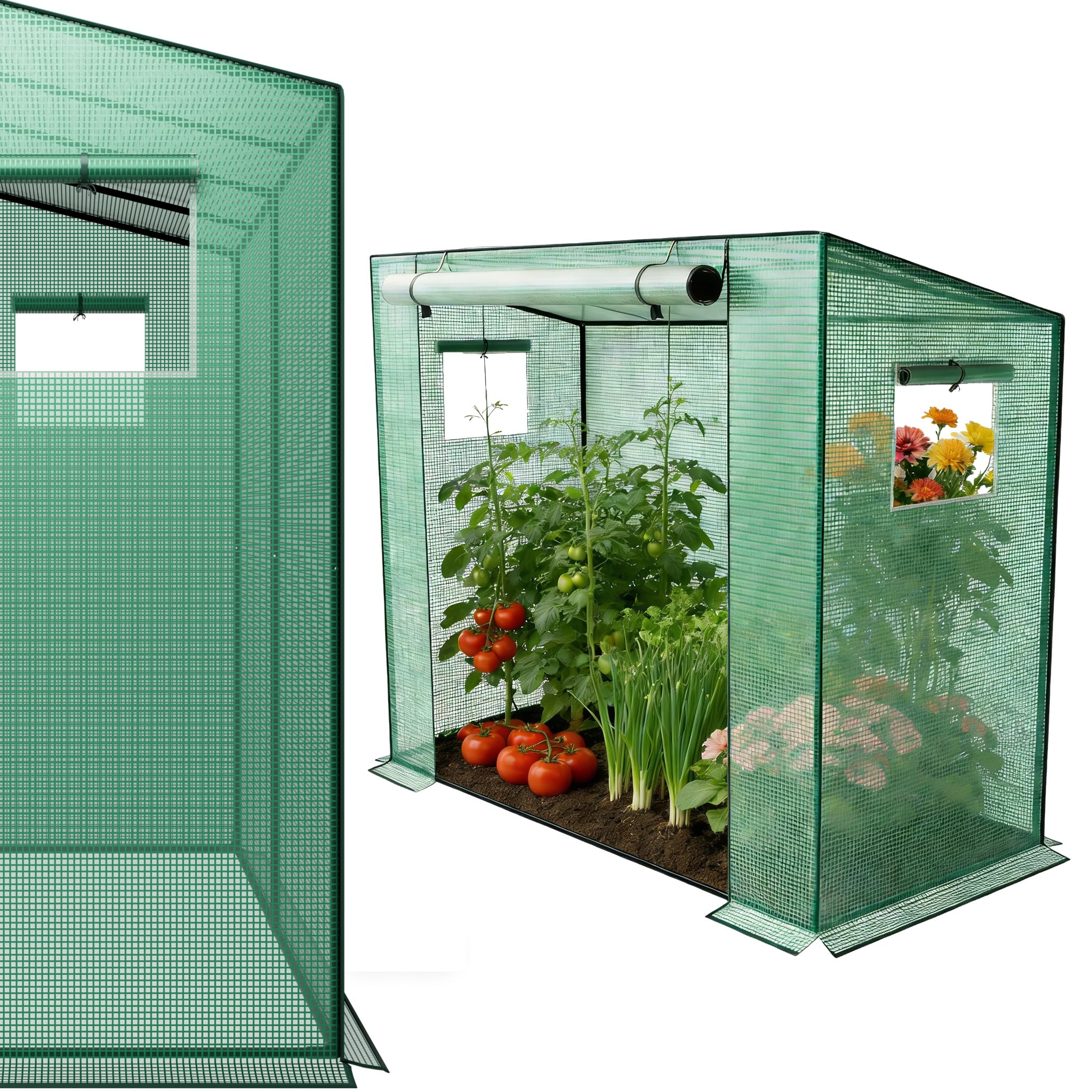 YRHome Serre à toit incliné - 200 x 80 x 150 cm - Avec porte et fenêtre enroulable - Respirante - Tubes en acier galvanisé - Protection UV - Pour légumes - Vert