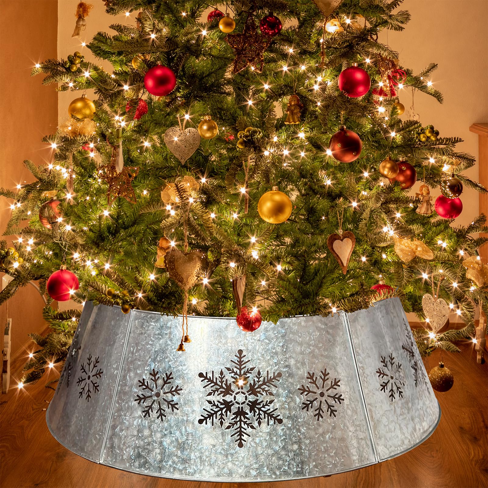 35.5" Galvanized Metal Christmas Tree Collar, Snowflake Diecut Christmas Tree Collars for