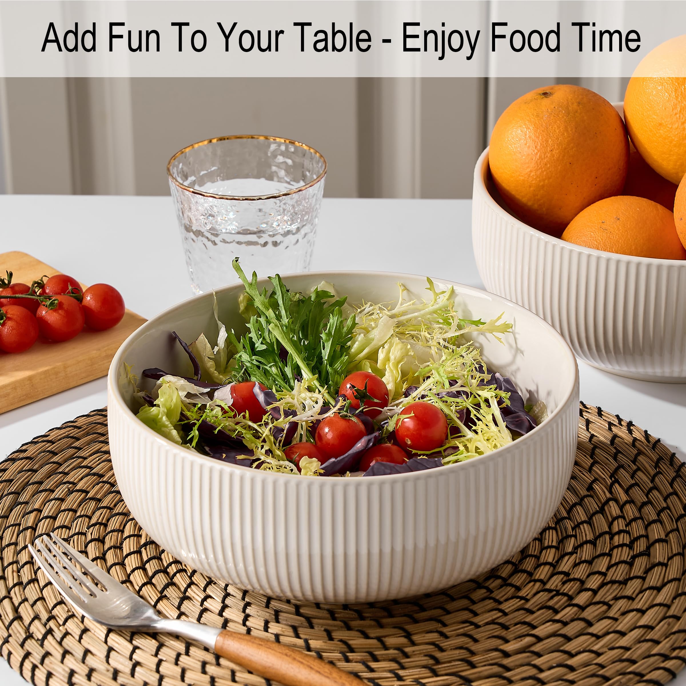 Jemirry Ceramic Serving Bowls For Entertaining, 8.5in Large Salad Bowl Soup Bowl Set of 2, 2.27 Quart Large Serving Dishes For Kitchen, Table, Party, Dinner, Holiday Gift-White, 80 Fl Oz