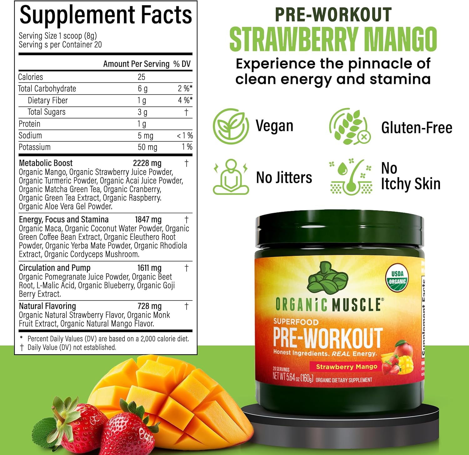 USDA Organic Pre-Workout Powder, Strawberry Mango | Clean Energy Without Jitters | Natural Performance Boost | No Artificial Sweeteners | 20 Superfoods | Low Caffeine, 20 Servings - Image 5