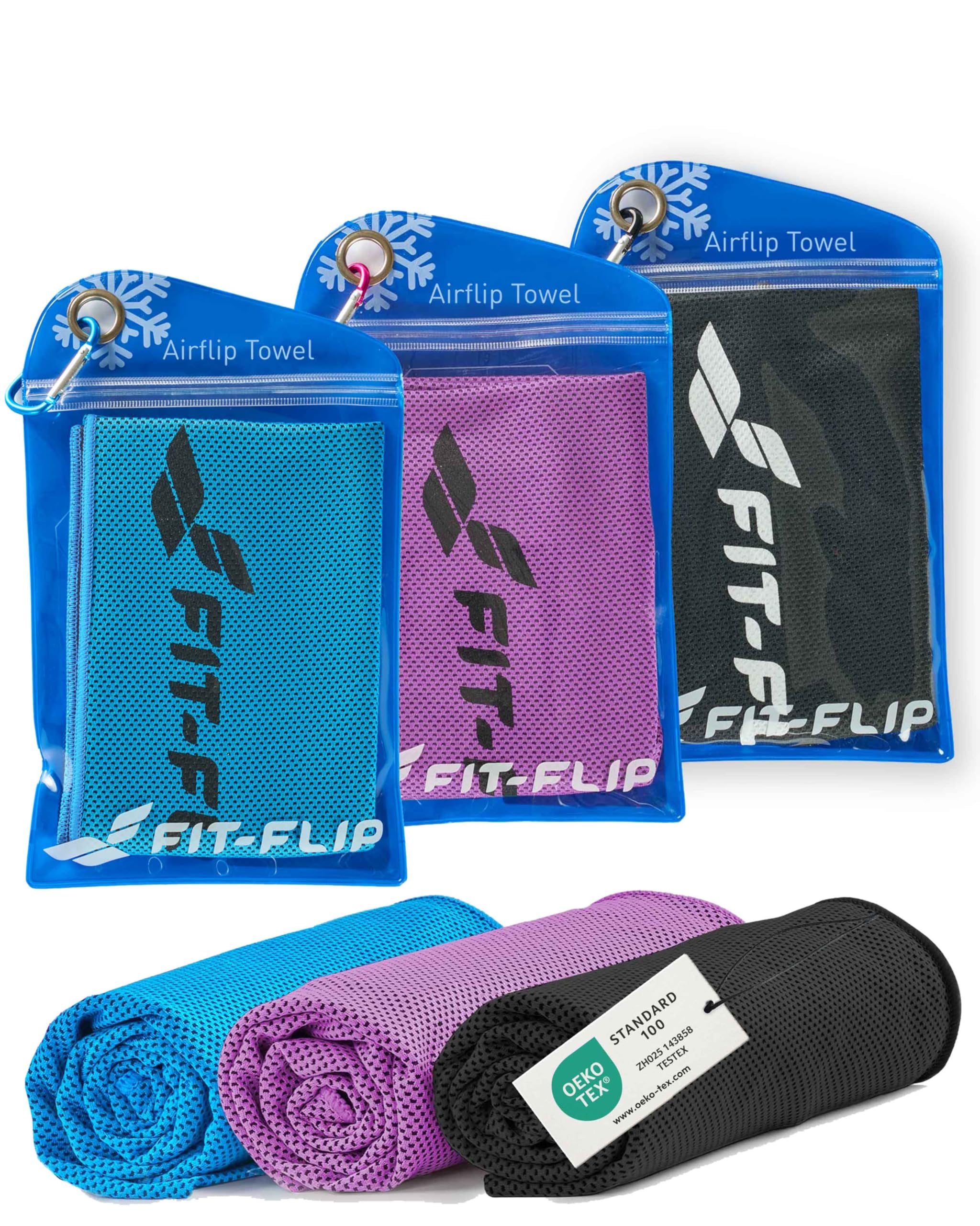 Fit-Flip Kühltuch 3er Set – kühlendes Handtuch Fitness und Sport – mikrofaser kühlhandtuch Nacken – Airflip kühltücher – cool Ice Towel mit Kühlfunktion