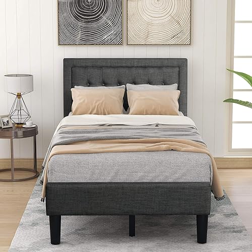 Miniatura 3 de Anwick Cama de plataforma tapizada con botones y soporte de listones de madera resistente (individual, gris)