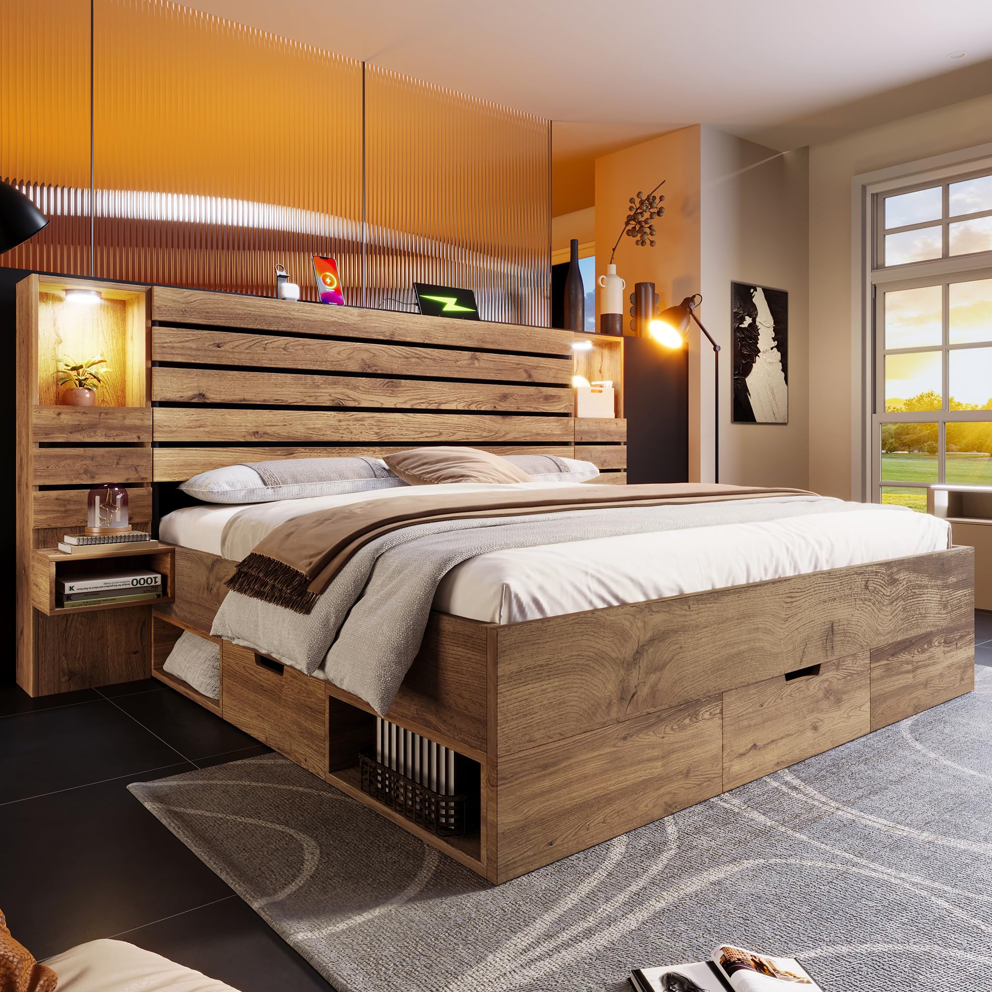 Lit 160x200 cm avec Rangement,Lits et Cadre de Lit pour Adulte Bois avec 4 Tiroirs,Tables de Chevet Suspendues,LED et USB Type-C,Lit Double Aspect chêne(sans Matelas)