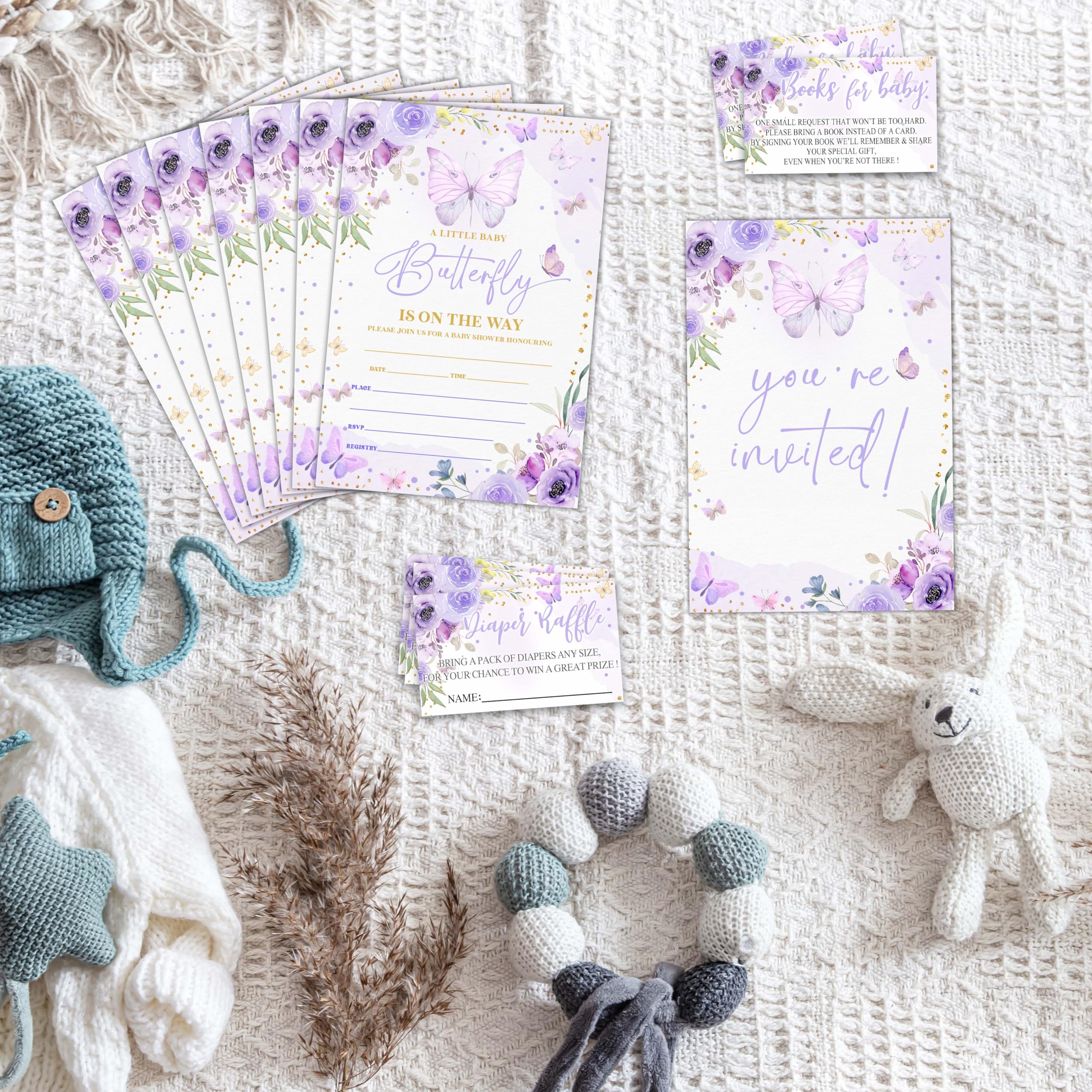 Zestaw 25 zaproszeń na baby shower, fioletowy motyl zaproszenia na przyjęcie z kopertami, kartki z prośbą o książkę, bilety na pieluchy na dekoracje imprezowe - A02