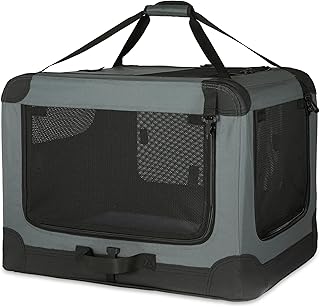 Amazon Basics Portable Folding Travel Kennel with Soft Sides and 4 Doors Large for Cats, Dogs, Rabbits and Other Small Animals, Grey, L 91 x W 61 x H 61 cm product image