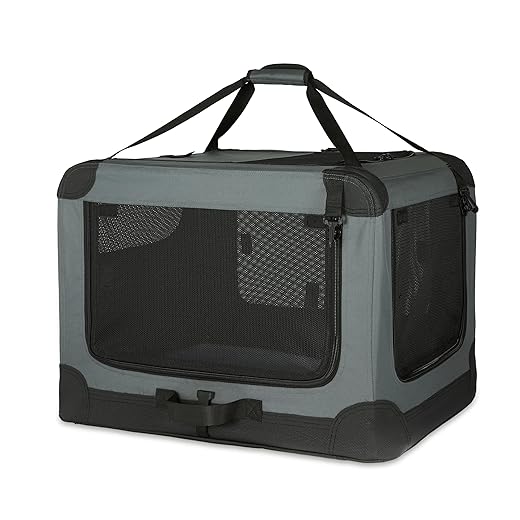 Amazon Basics Portable Folding Travel Kennel with Soft Sides and 4 Doors Large for Cats, Dogs, Rabbits and Other Small Animals, Grey, L 91 x W 61 x H 61 cm