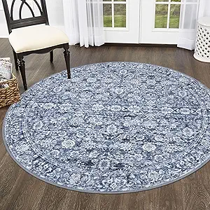 Blue 5' Round Rug Washable Rug for Entryway Soft Non-Slip Area Rugs Distressed Floral Low-Pile Carpet, Neutral Vintage Circle Rugs for Living Room Dining Bedroom Foyer