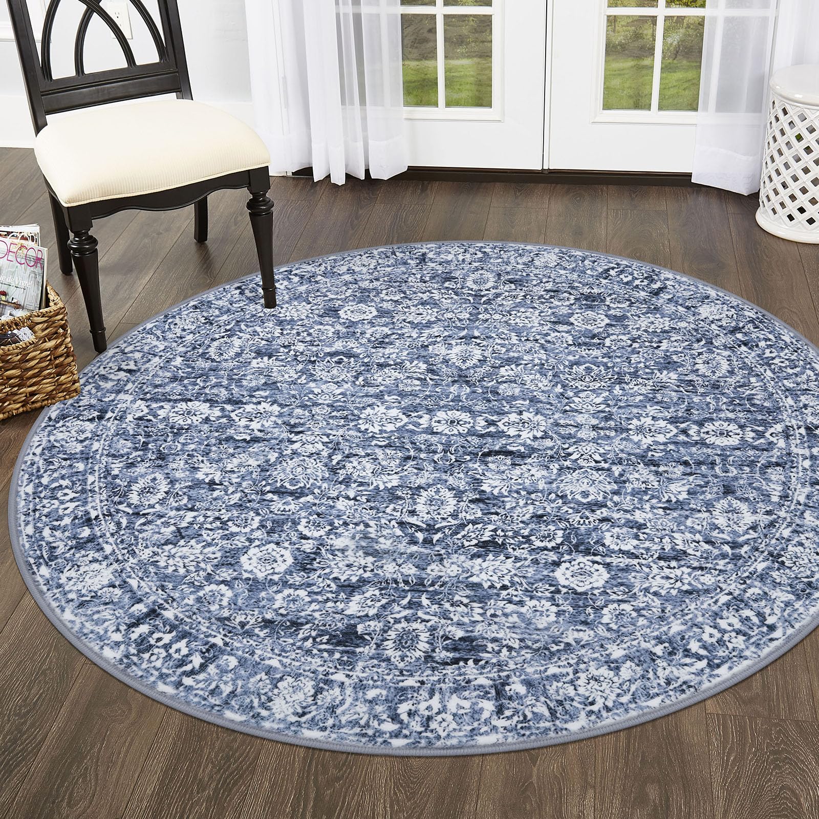 5' Round Rug Washable Rug for Entryway, Blue Soft Non-Slip Area Rugs Distressed Floral Low-Pile Carpet, Neutral Vintage Circle Rugs for Living Room Dining Bedroom Foyer