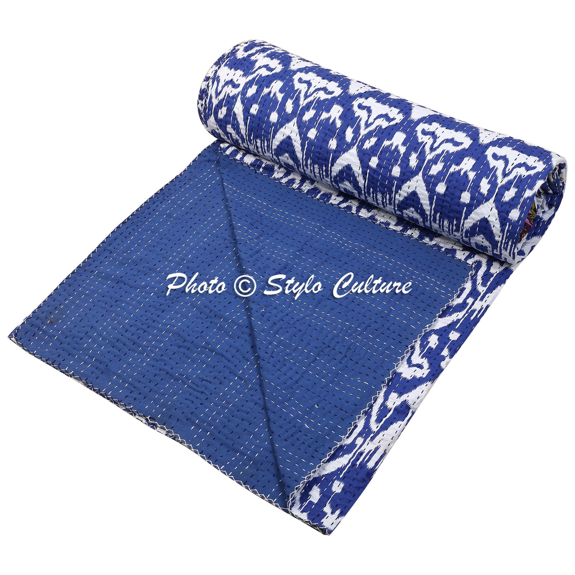 Indian Kantha Bedspread Double Size Ink Blue Cotton Ikat Hand Stitched Blanket Bedding Bed Cover by Stylo Culture-image-17