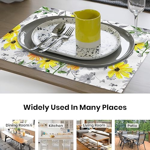 Miniatura 5 de Juego de 4 manteles individuales de color limón, lavables de lino negro, manteles individuales florales para verano, cocina, mesa de comedor,