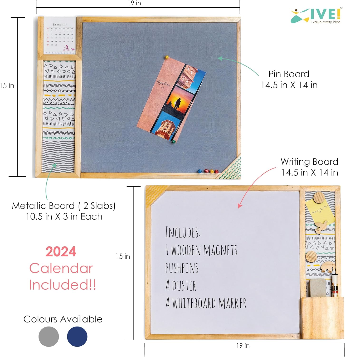 IVEI Combination Board with Magnet Board, Pin Board, Whiteboard & Calendar- Set of 2 - Dark Blue -Innovative Organizer for Kids and Adults with Magnets to Do Boards Gift for Home, Office, School