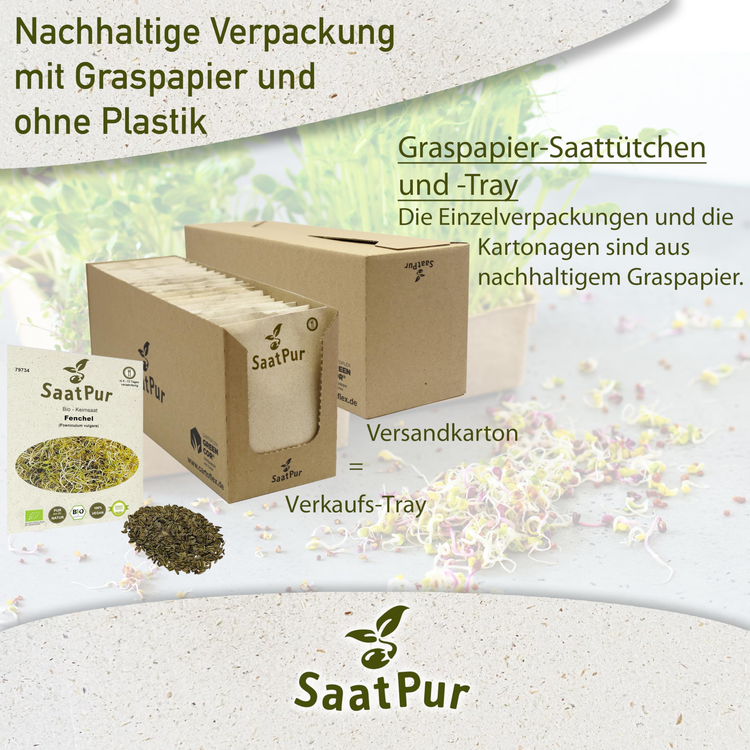 Fenchel Sprossen BIO Keimsprossen von SaatPur - Keimsaat Microgreen - Großes Tray mit 70 Portionstüten je 10g