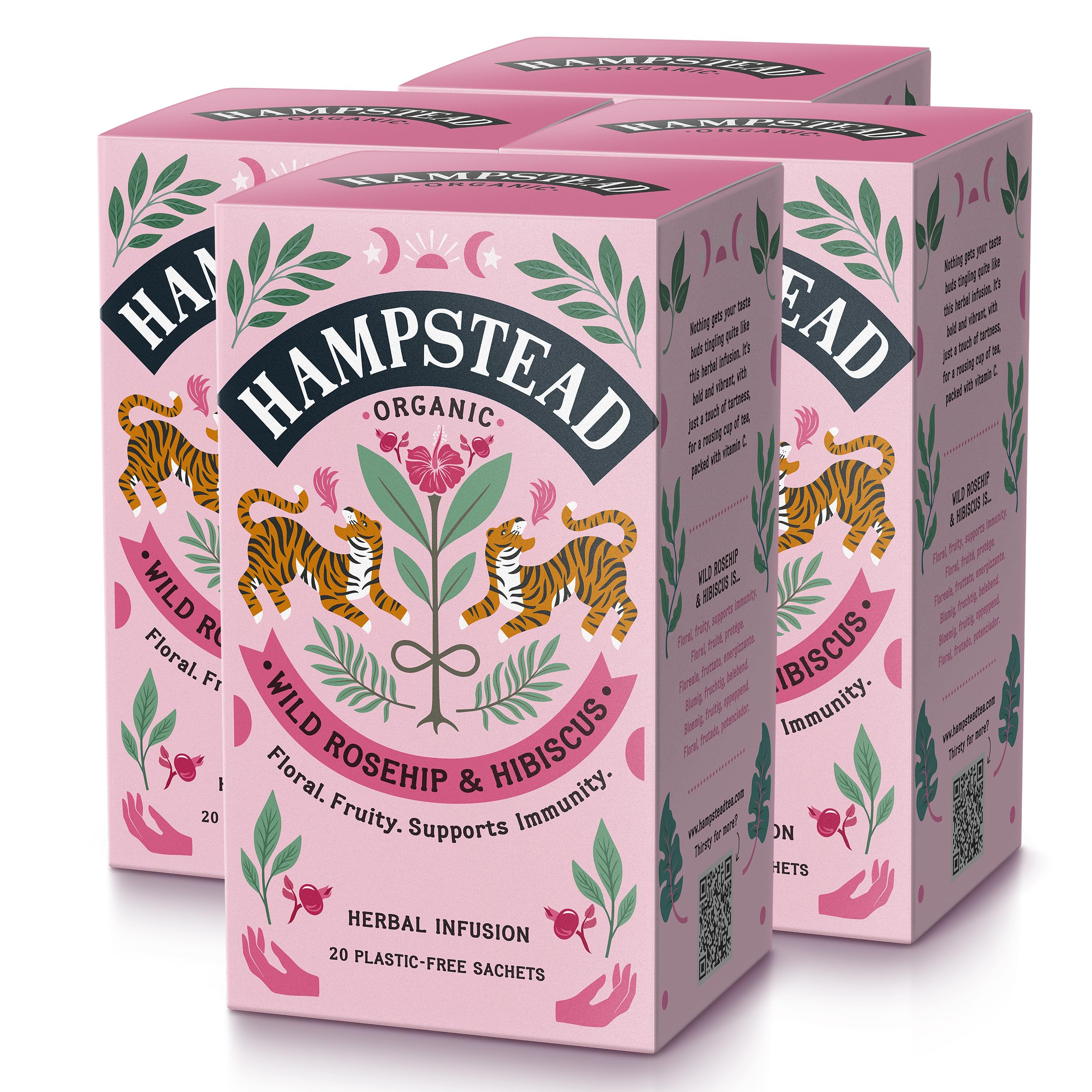 Hampstead Organic Rosehip & Hibiscus Tea Bags (4 Packs of 20), Fruity Herbal Infusion with Organic Hibiscus Flower & Rosehip, Naturally Vibrant Flavour, Home-Compostable Bags