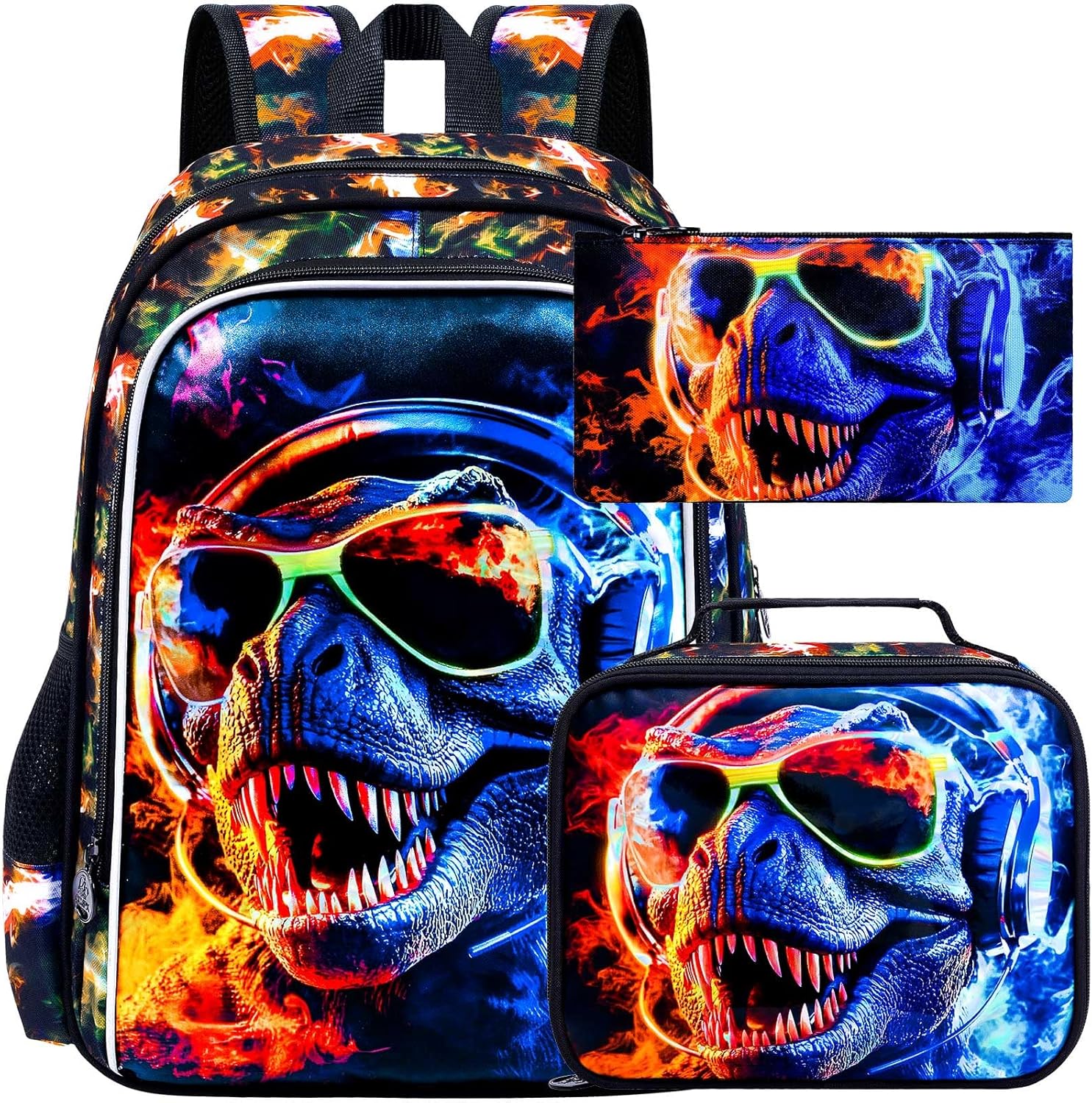 3PCS Dinosaur Backpack for Boys, Water Resistant Kids Bookbag with Lunch Box, 17" School Bag Set for Teenagers Middle Elementary - Sunglasses Dinosaur