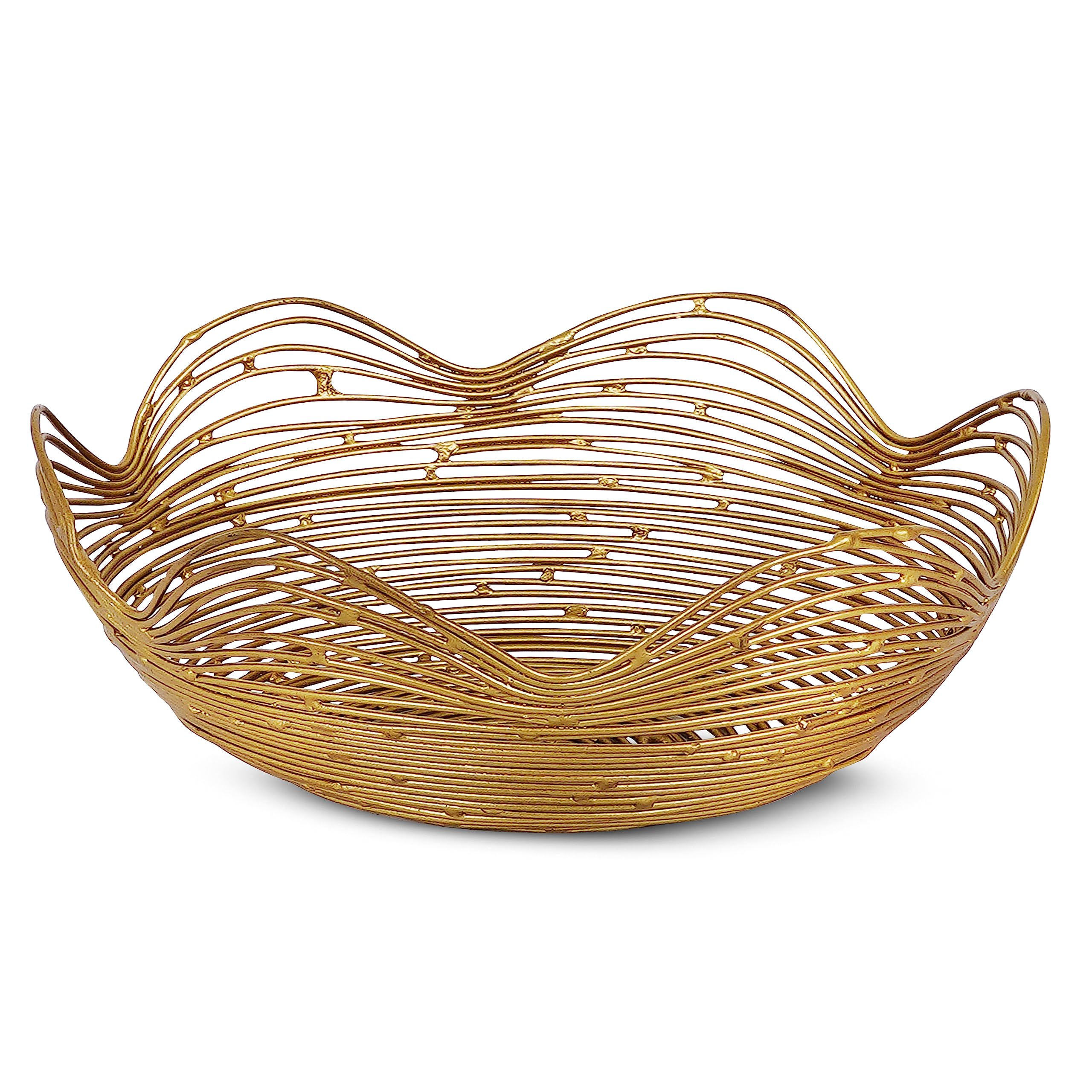 Mela Artisans Metal Bowl, Gold, Large, 12” x 4.5” x 6”, Ruffle Decorative Style Bowls for Fruits & More, Kitchen Counter w/Round Underneath, Handmade, Sustainable, Elegant, Modern