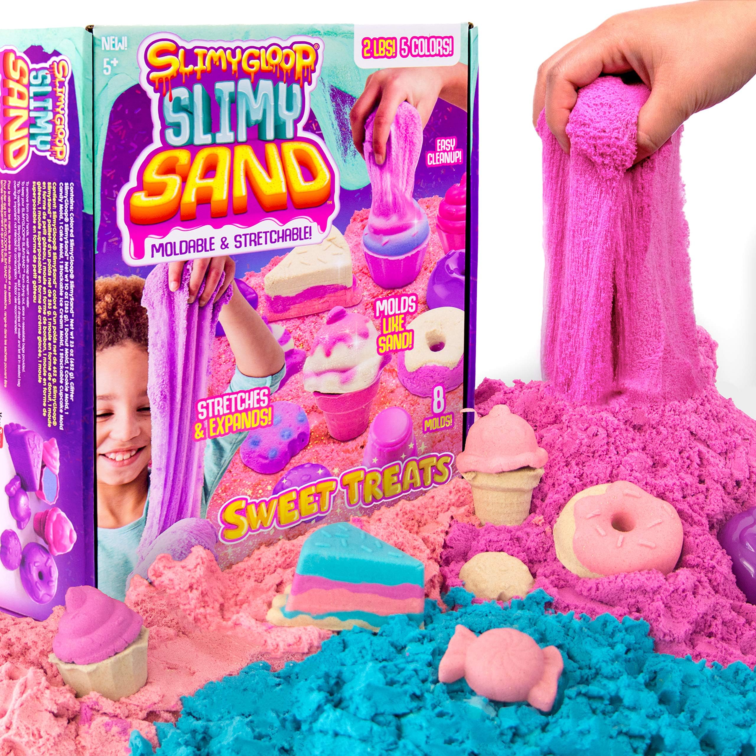 Sweet Treats, 2 Pounds of SlimySand in 5 Colors (Pink Glitter, White Glitter, and Pink, Blue and Purple), 6 3D Molds & Reusable Box For Play. Super Stretchy & Moldable Cloud Slime!