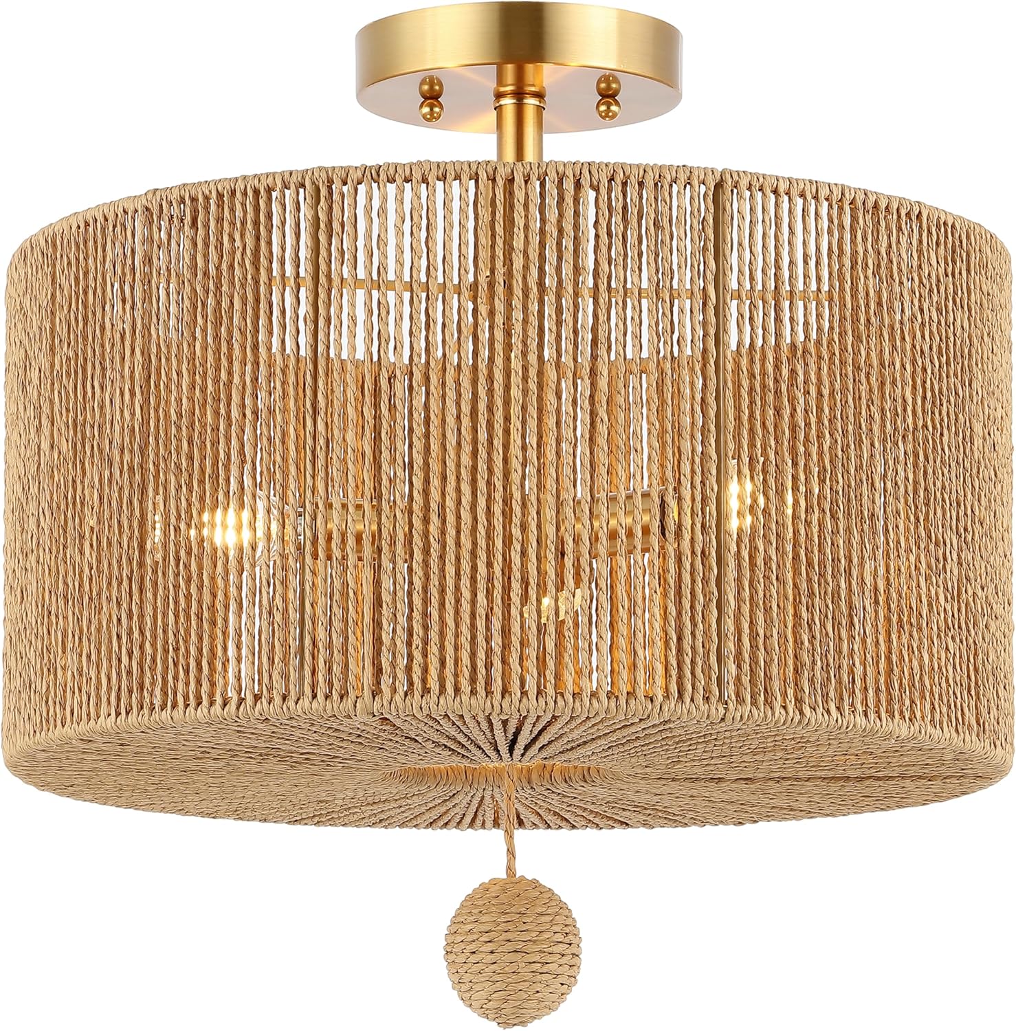 Solmaz Natural Paper Rope and Gold Drum LED Flush Mount Light