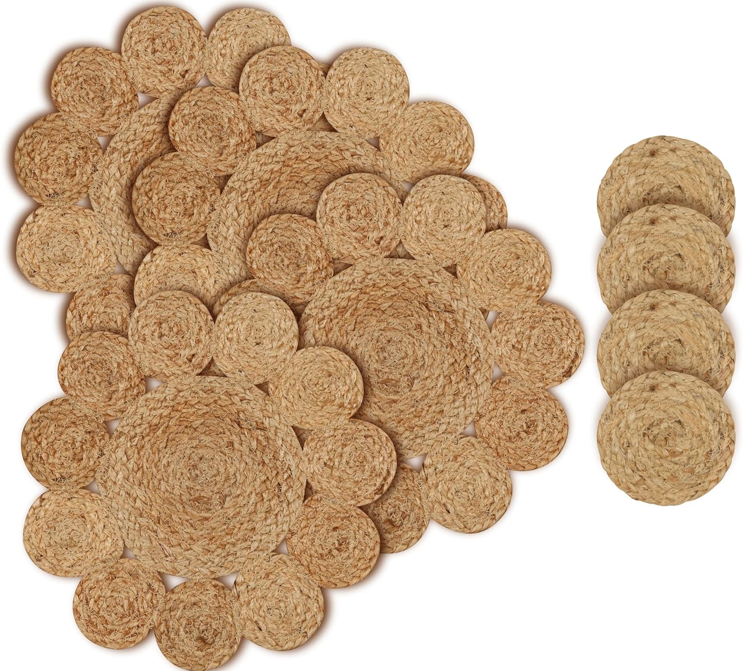 4 Pack Round Jute Placemats & 4 Coasters Set – 13'' Braided Cotton Table Mats + 4'' Drink Coasters – Natural Woven Heat-Resistant Dining Table Decor – Rustic Farmhouse Style