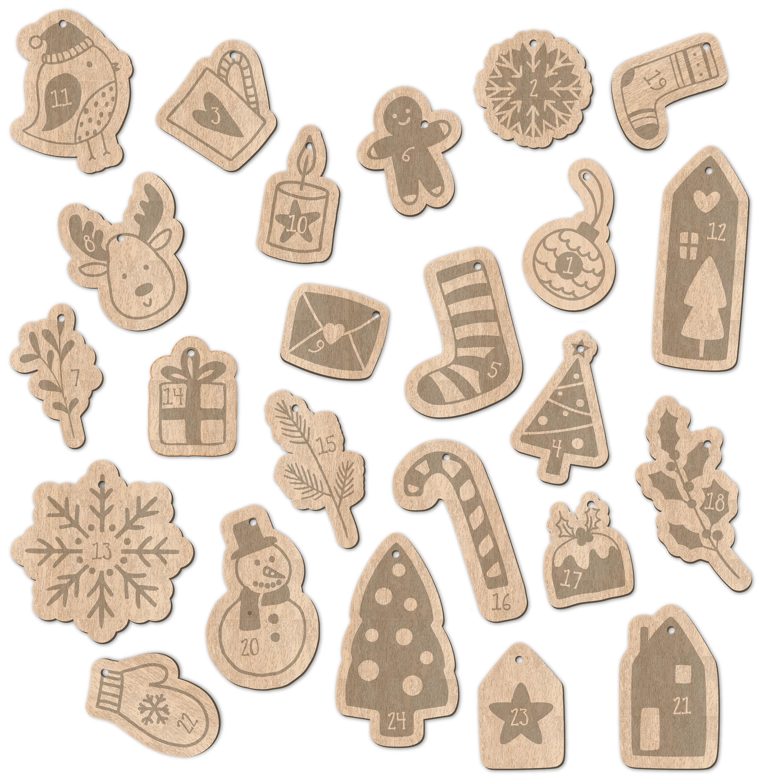 Papierdrachen 24 Advent Calendar Numbers Made of Wood with Cotton Cord, Christmas Motifs