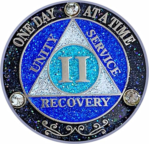 Vista 30 de (años 1-50) AA 17 años de cristales y medallón de purpurina, chapado en color plateado, arco iris negro, purpurina azul y tres cristales